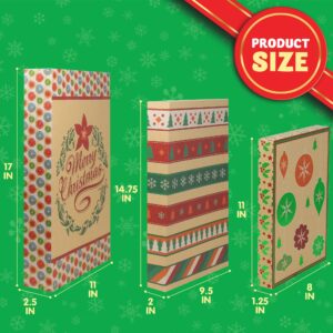 JOYIN 12 Christmas Foil Kraft Gift Boxes with 3 Sizes (Robe, Shirt and Lingerie Boxes) for Xmas Goody Gift Boxes, School Classrooms Party Favors Decoration, Holiday Present Wrap Décor