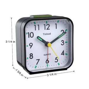 Tinload Small Battery Operated Analog Alarm Clock Silent Non Ticking, Ascending Beep Sounds, Snooze,Light Functions, Easy Set(Black)