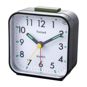 Tinload Small Battery Operated Analog Alarm Clock Silent Non Ticking, Ascending Beep Sounds, Snooze,Light Functions, Easy Set(Black)