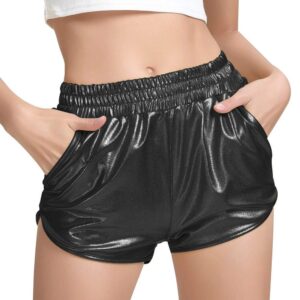 Women's Yoga Hot Shorts Elastic Waist Shiny Metallic Pants (Black, M)