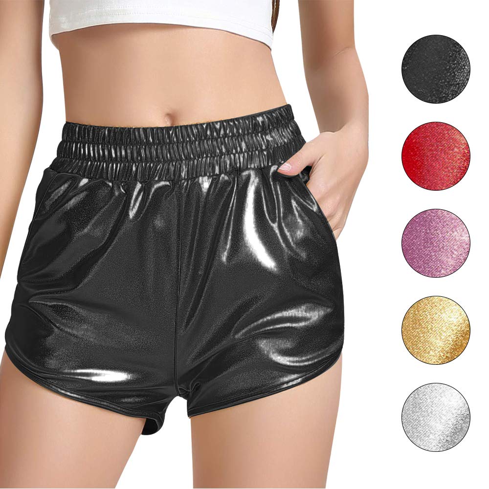 Women's Yoga Hot Shorts Elastic Waist Shiny Metallic Pants (Black, M)