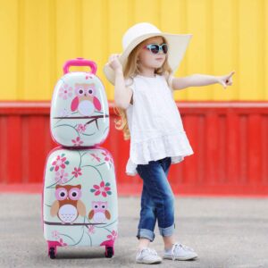 HONEY JOY Kids Luggage, 12” Travel Backpack & 16” Hard Shell Toddler Suitcase, Children Rolling Luggage with Wheels, Retractable Handle & 4 Casters, 2Pcs Carry On Luggage Set for Boys Girls (Owl)