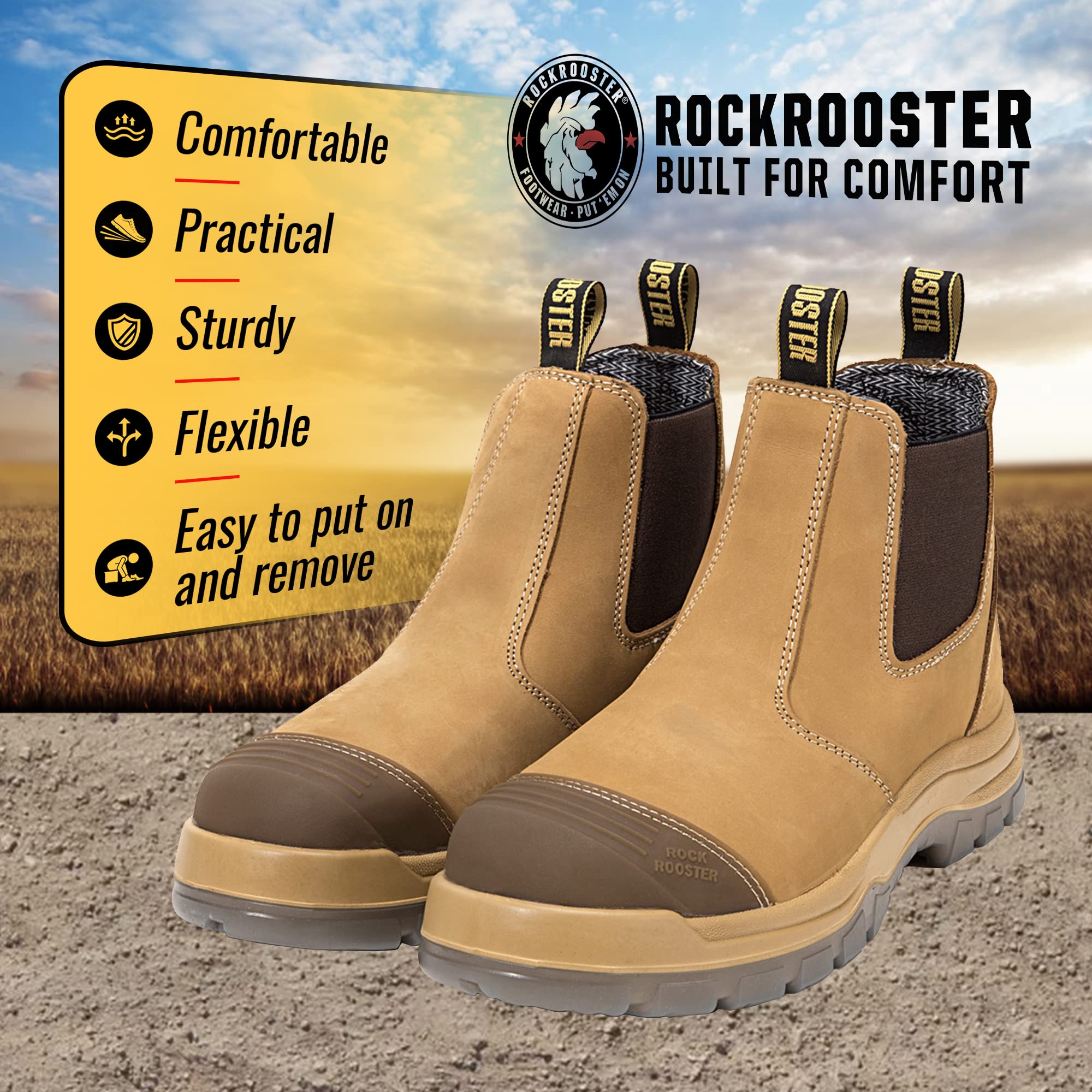 ROCKROOSTER Work Boots for Men, 6 inch Steel Toe, Slip On Safety Leather Chelsea Durable and Comfortable Work Shoes (AK222 US 10.5)