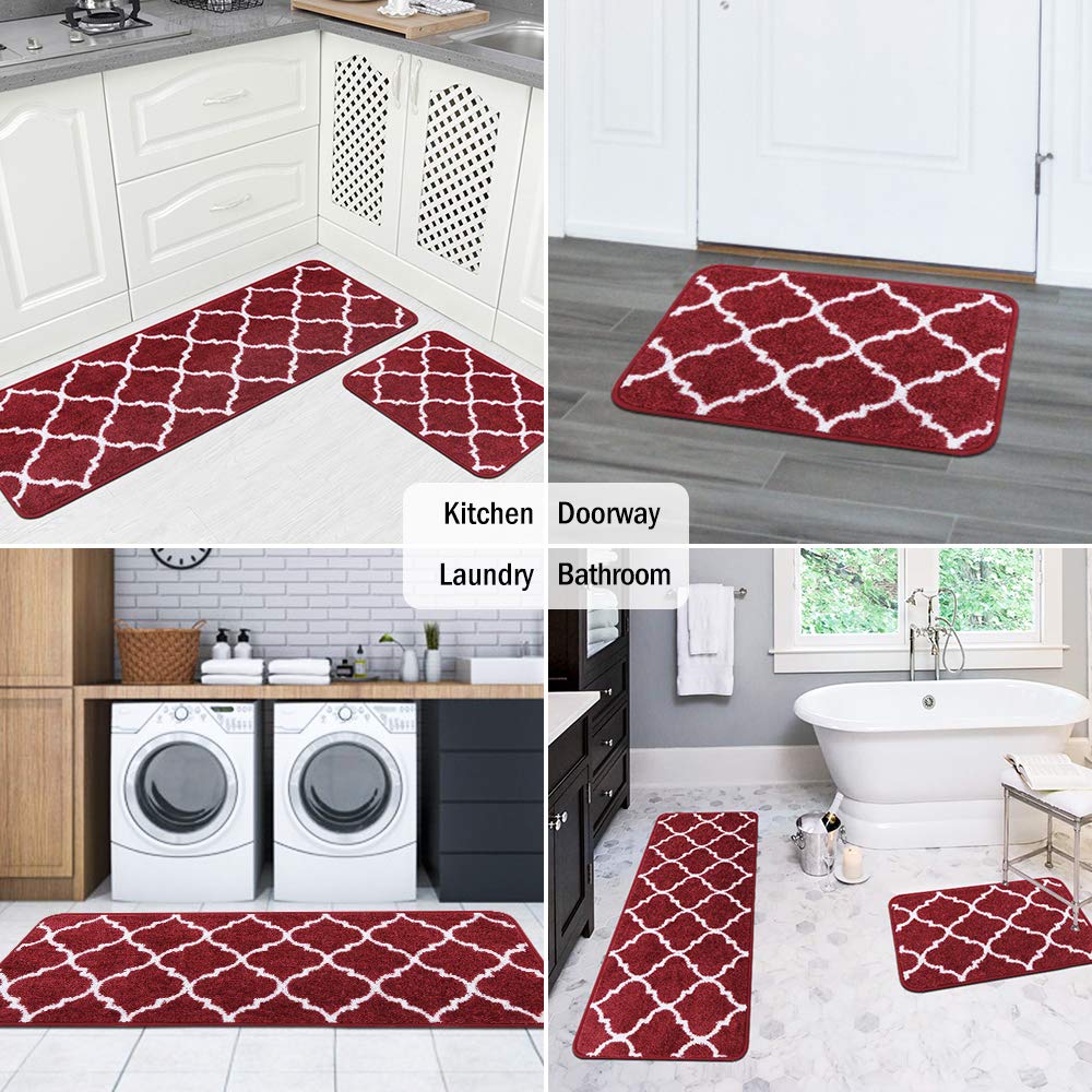 Carvapet 2 Pieces Microfiber Moroccan Trellis Non-Slip Soft Kitchen Mat Bath Rug Doormat Runner Carpet Set, 17"x48"+17"x24", Red