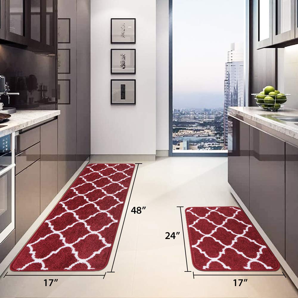 Carvapet 2 Pieces Microfiber Moroccan Trellis Non-Slip Soft Kitchen Mat Bath Rug Doormat Runner Carpet Set, 17"x48"+17"x24", Red