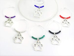 paw print wine charms, cat paw, dog paw, gift for animal lover, set of 6. solid multi color beads.
