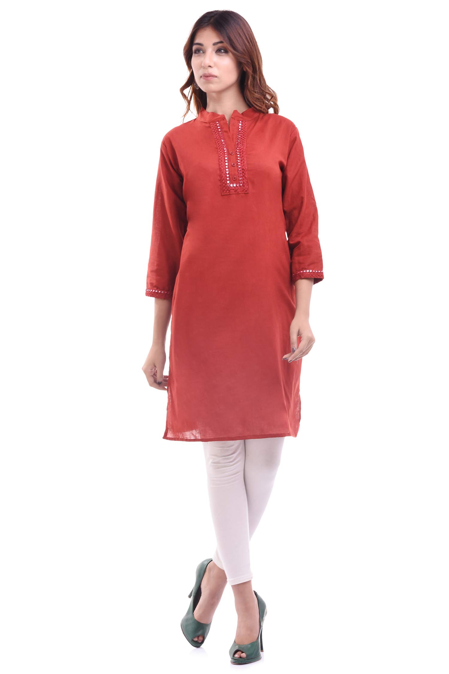 Indian Women's Plain Cotton Kurti Red Top By Chichi, XX-Large