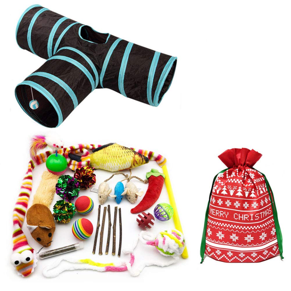 PETFAVORITES 24 Cat Toys Kitten Catnip Toys Variety Pack - 3 Way Tunnel, Interactive Wand, Fish, Mouse, Crinkle Balls, Kitty Chew Toys, Feather - Deluxe Toy Set for Christmas Birthday, Color Random