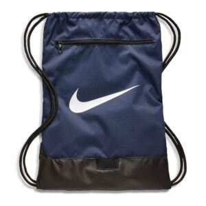 nike brasilia training gymsack, drawstring backpack with zipper pocket and reinforced bottom, midnight navy/black/white