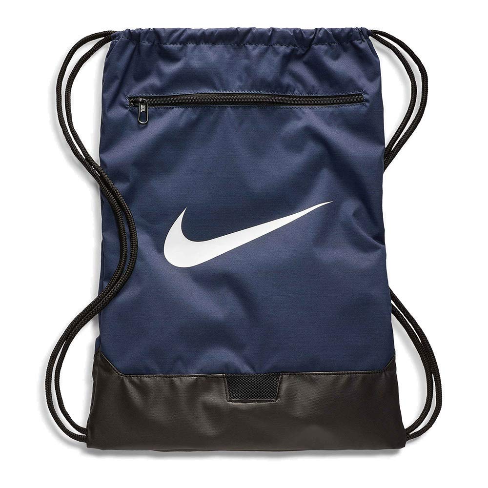 Nike Brasilia Training Gymsack, Drawstring Backpack with Zipper Pocket and Reinforced Bottom, Midnight Navy/Black/White