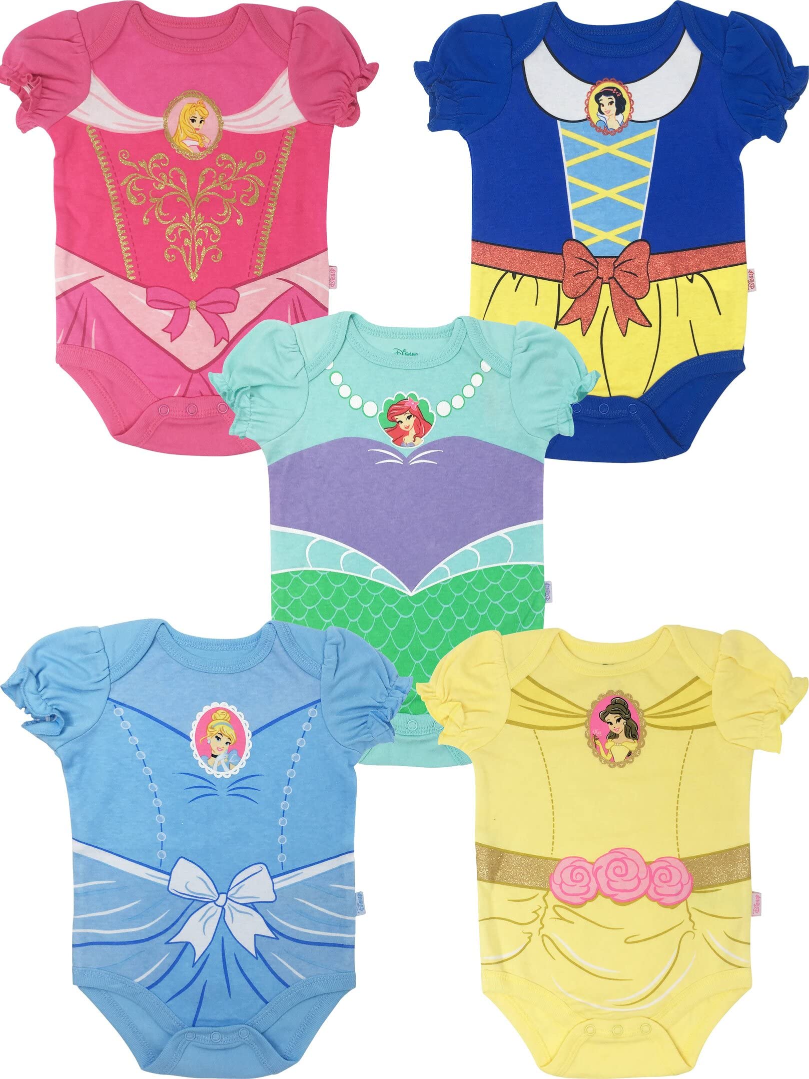 Disney Princess Snow White Belle Aurora Infant Baby Girls 5 Pack Bodysuits Aurora, Snow White, Ariel, Cinderella, Belle 18 Months