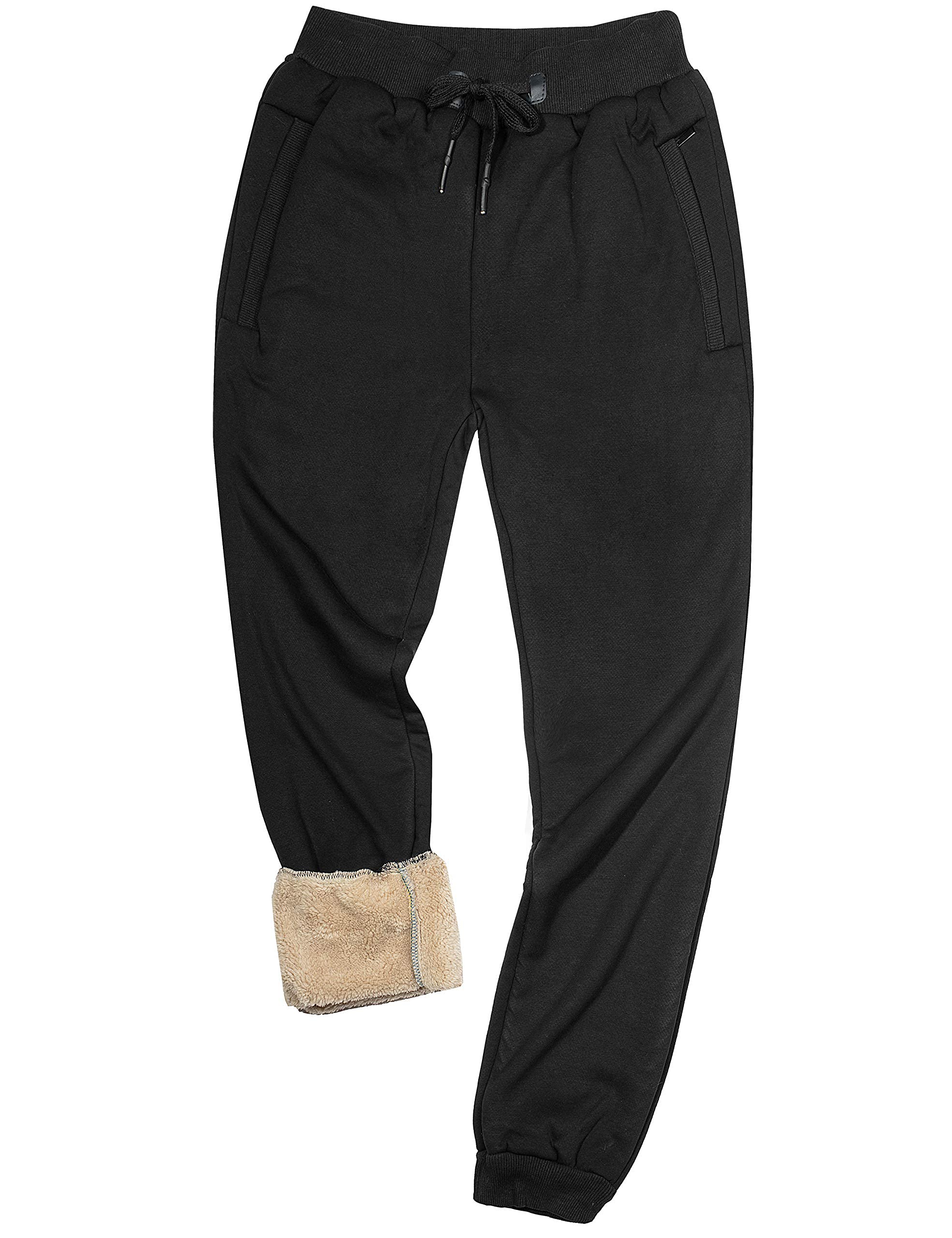 Yeokou Men's Casual Warm Sherpa Lined Elastic Waist Pant Trousers Joggers (Medium, Black-Ribbed Cuff)