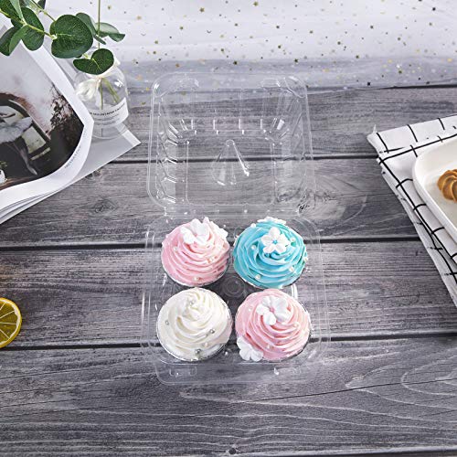 ONE MORE [25pcs] Clear Cupcake Boxes 4 Cavity Holder, Large 4 Compartment Muffin Containers Plastic Cupcake Carrier with Deep Dome 4" High Safe Eco-friendly Material (Clear, 25)