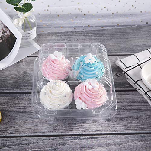 ONE MORE [25pcs] Clear Cupcake Boxes 4 Cavity Holder, Large 4 Compartment Muffin Containers Plastic Cupcake Carrier with Deep Dome 4" High Safe Eco-friendly Material (Clear, 25)