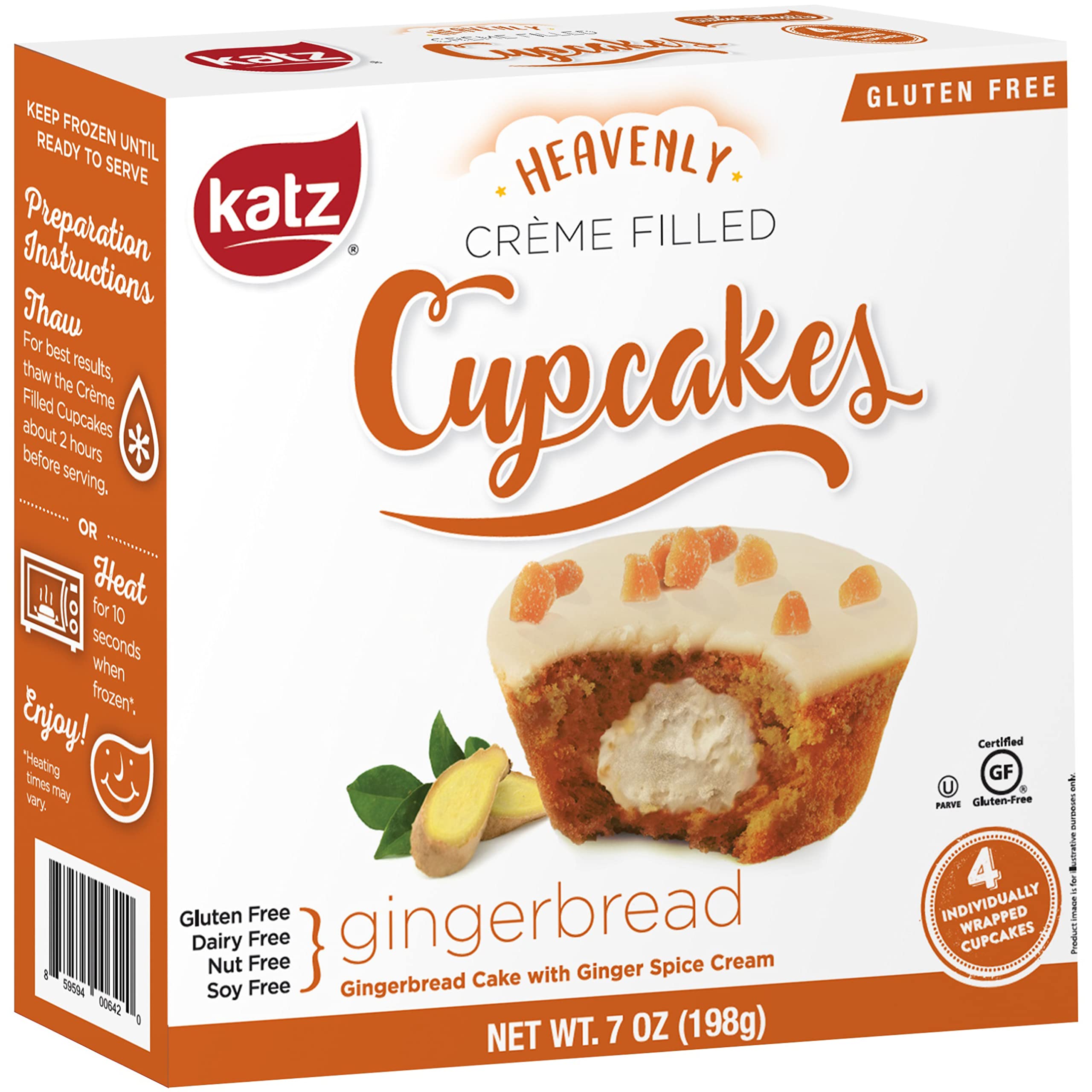 Katz Gluten Free Gingerbread Crème Filled Cupcakes | Dairy Free, Nut Free, Soy Free, Gluten Free | Kosher (1 Pack of 4 Crème Cupcakes, 7 Ounce)