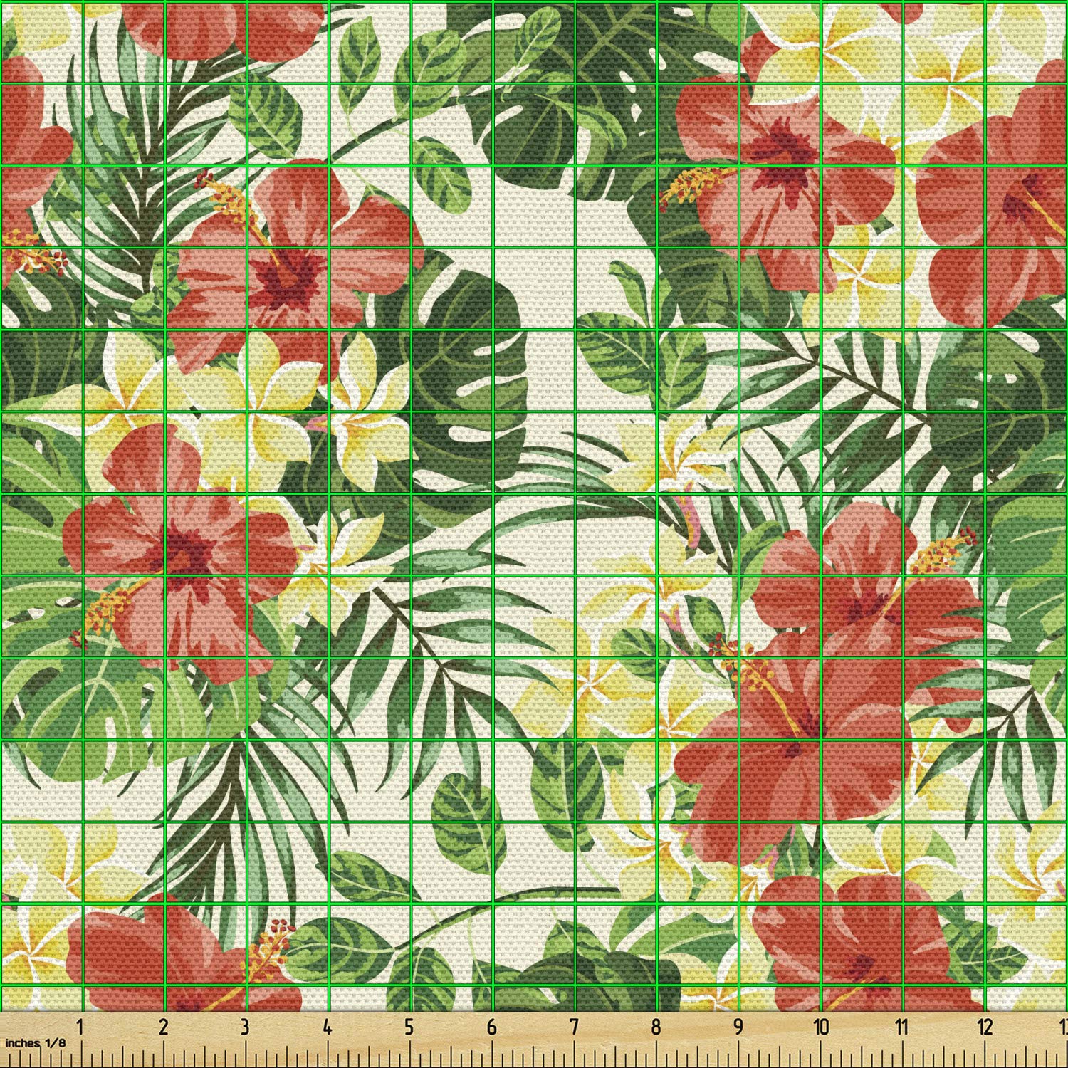 Ambesonne Tropical Fabric Material by The Yard, Exotic Floral Pattern with Plumeria Hibiscus Monstera Palms and Leaves, Decorative Accent for DIY Hobby Upholstery Projects and Home, 1 Yard, Red Yellow