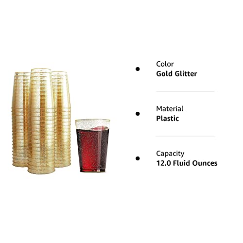 Munfix 100 Glitter 12 Oz Clear Plastic Cups Tumblers Gold Glitter Disposable Wedding Elegant Party Cups Recyclable and BPA-Free