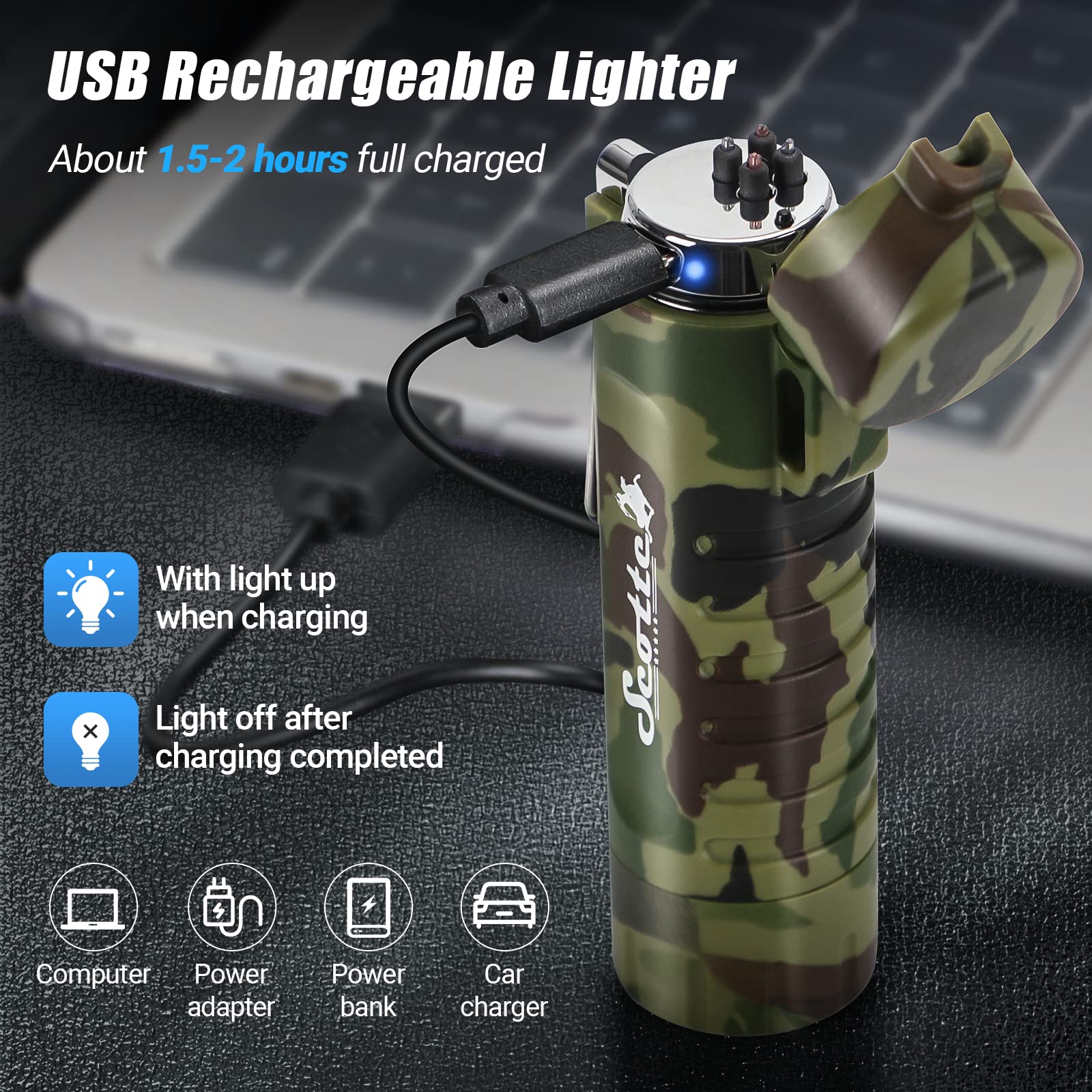 Scotte Electric Lighter USB Rechargeable Plasma Lighter Waterproof Lighter with Flashlight Arc Lighter Include 5 in 1 Magnesium Fire Starter for Outdoor Camping Hiking Tactical Survival Lighter