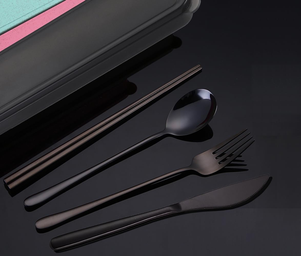 AARAINBOW 6 Pieces 18/8 Stainless Steel Flatware Set Portable Reusable Cutlery Set Travel Utensils Set Including Chopsticks Knife Fork Spoon Straws Cleaning Brush Dishwasher Safe (Black)