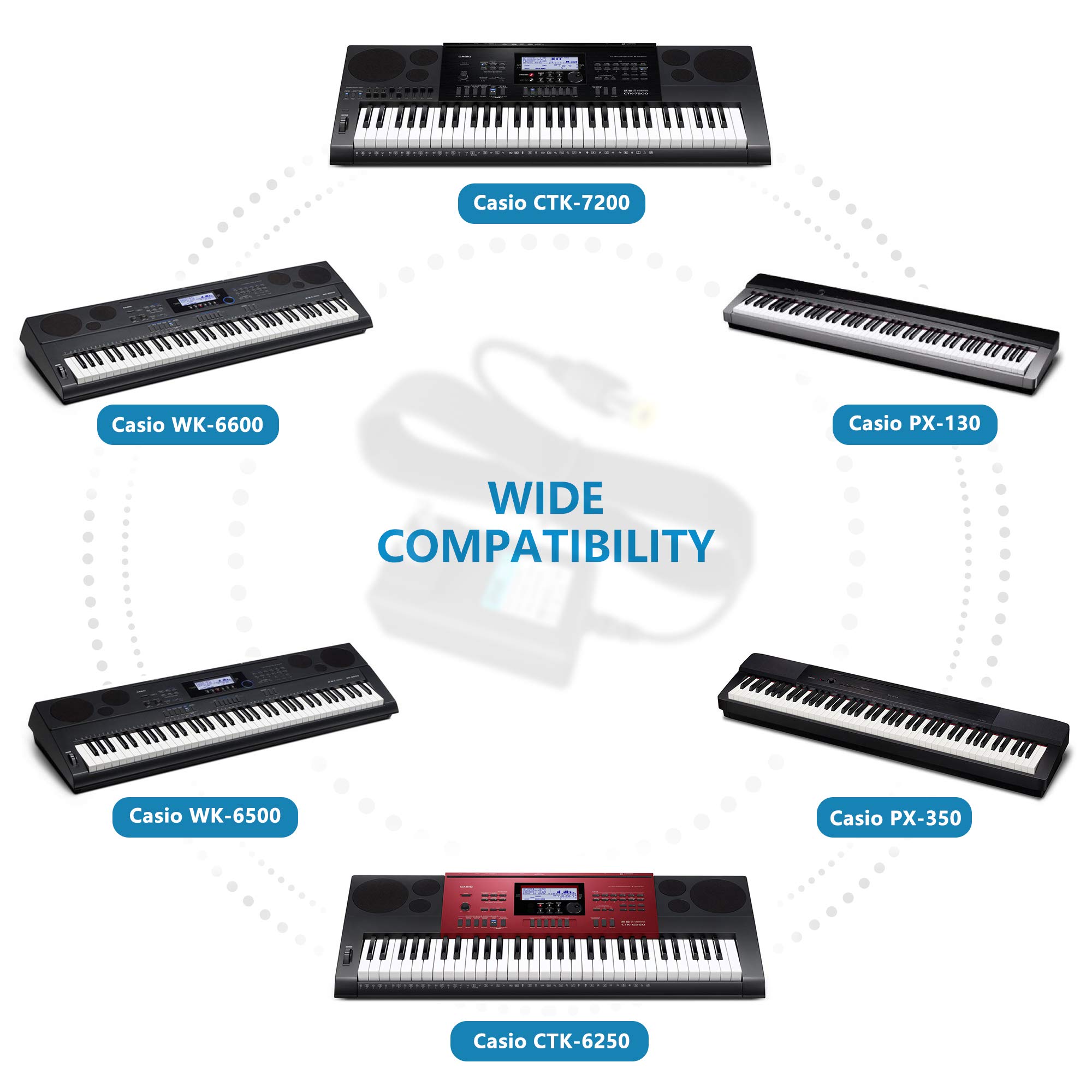 PwrON 12V Replacement AC to DC Adapter Compatible with Casio Piano Keyboard AD-A12150LW / AD-A1215LW PX-130 PX-350 PX-160 PX-150 CDP-120 CTK-6000 CTK-6300 CTK-7200 CDP-135 WK-6500 WK-6600 AP-220