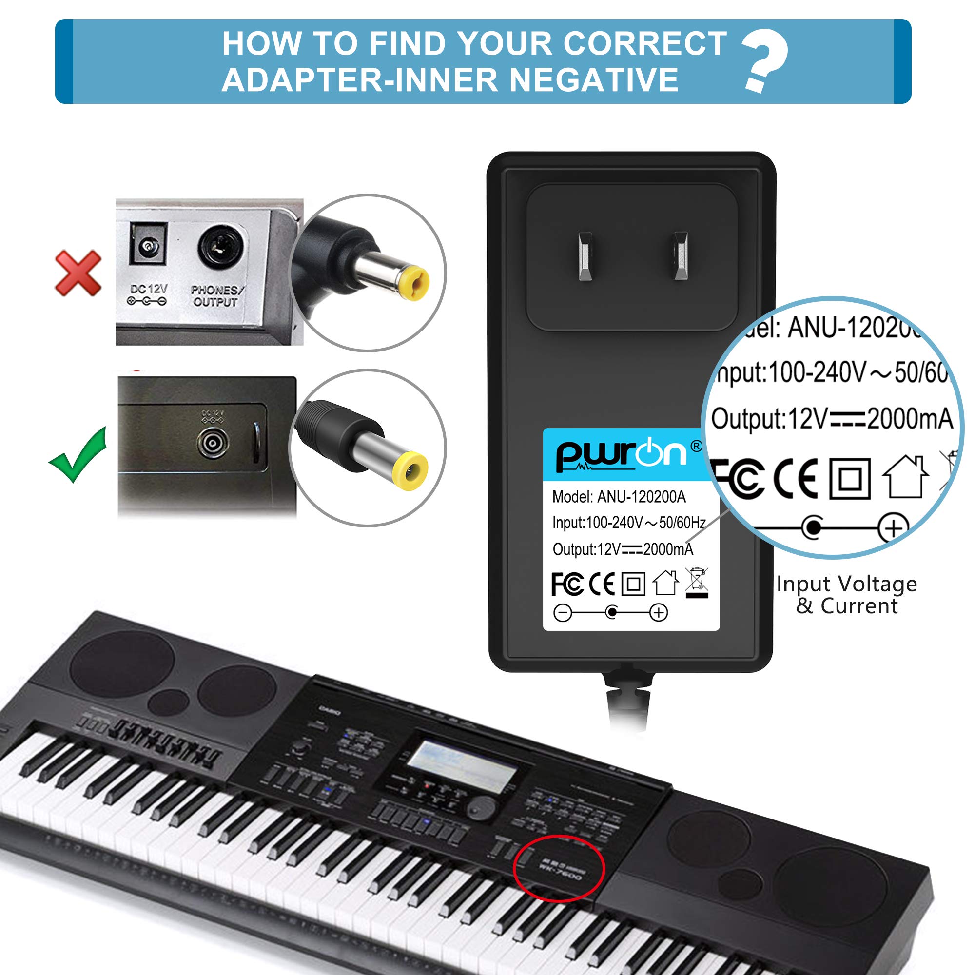 PwrON 12V Replacement AC to DC Adapter Compatible with Casio Piano Keyboard AD-A12150LW / AD-A1215LW PX-130 PX-350 PX-160 PX-150 CDP-120 CTK-6000 CTK-6300 CTK-7200 CDP-135 WK-6500 WK-6600 AP-220