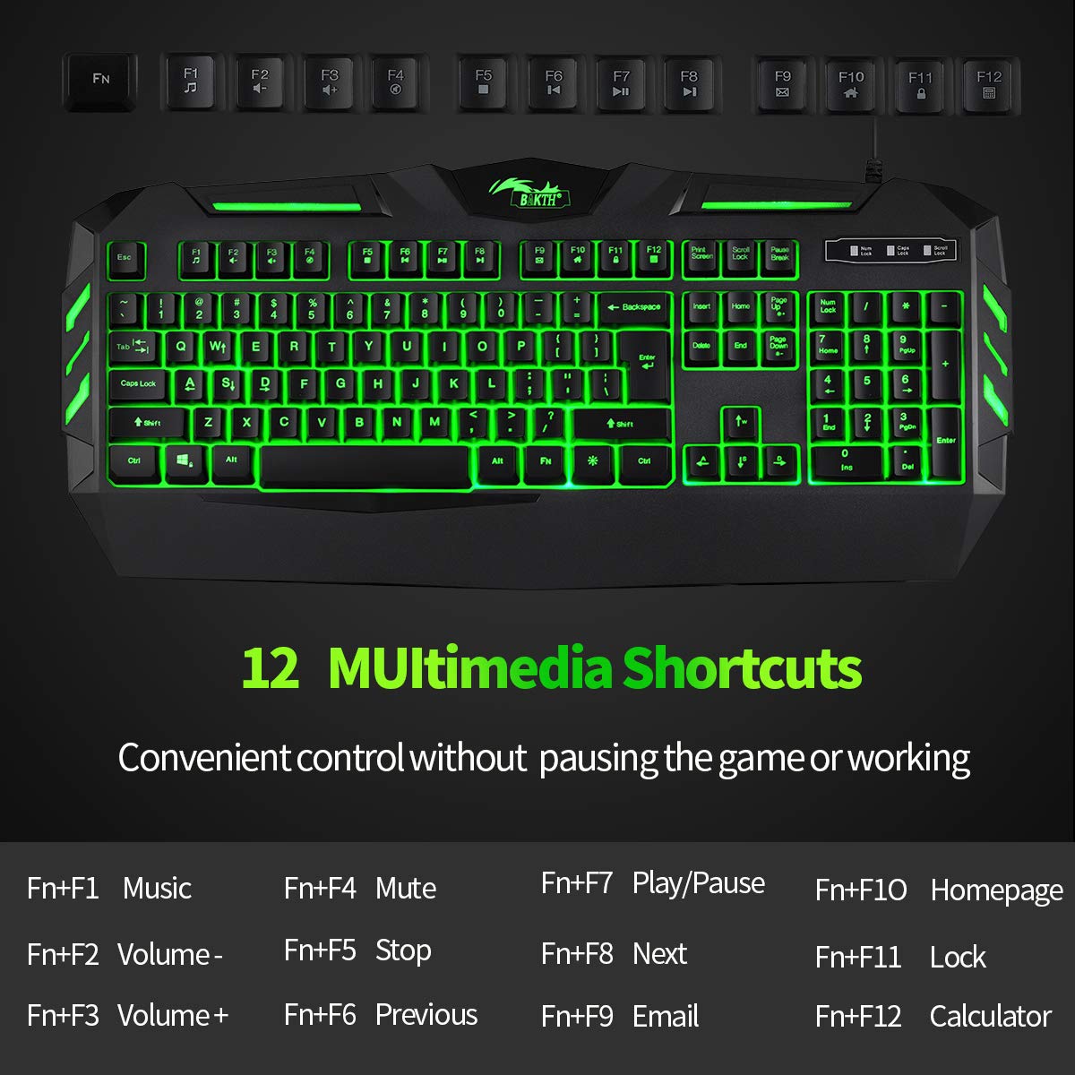 BAKTH 7 Colors LED Backlit Gaming Keyboard, Mechanical Feeling and Waterproof, Illuminated USB Wired Keyboard for Pro PC Gamer or Office