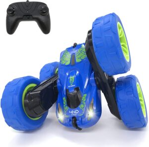 threeking rc stunt car remote control cars toy with lights double-sided driving 360-degree flips rotating cars toys, blue