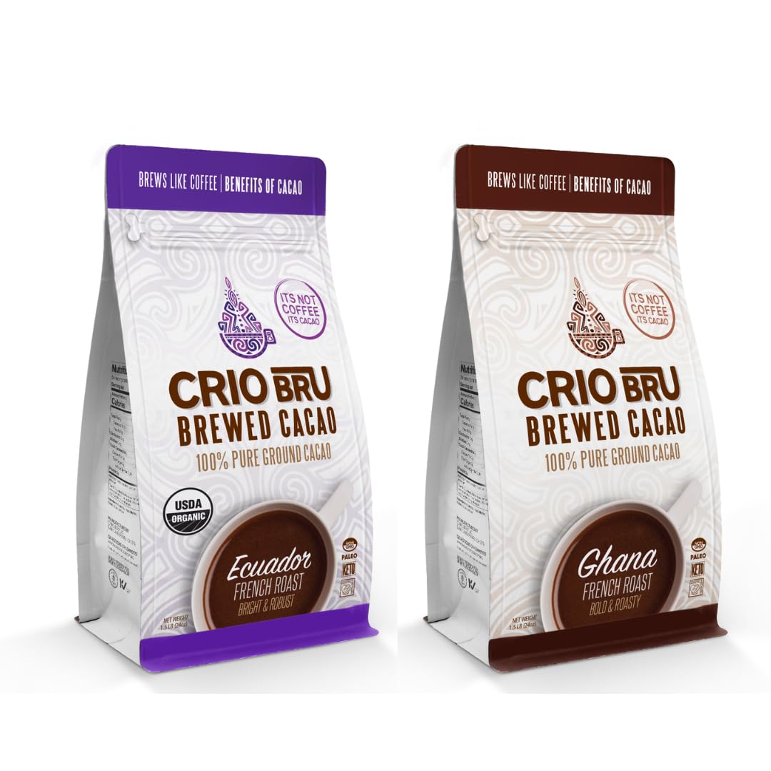 Crio Bru 2 Pack 24 oz French Roast Bundle | Organic Healthy Brewed Cacao Drink | Great Substitute to Herbal Tea and Coffee | 99% Caffeine Free Gluten Free Keto Honest Energy (24oz (2 Pack))