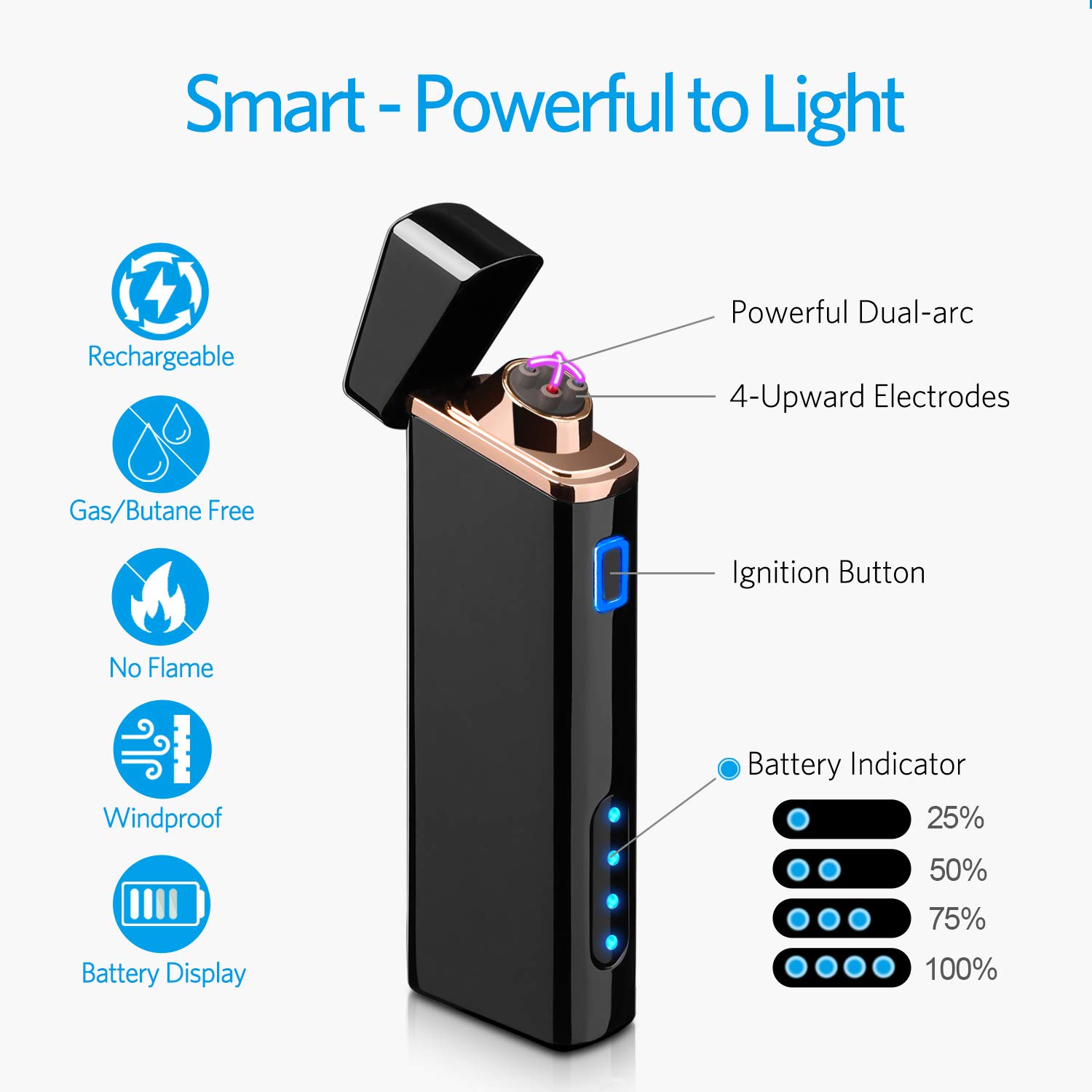 Lighter, Electric Arc Lighter USB Rechargeable Lighter Windproof Flameless Lighter Plasma Lighter with Battery Indicator (Upgraded) for Fire, Cigarette, Candle - Outdoors Indoors (S1700)