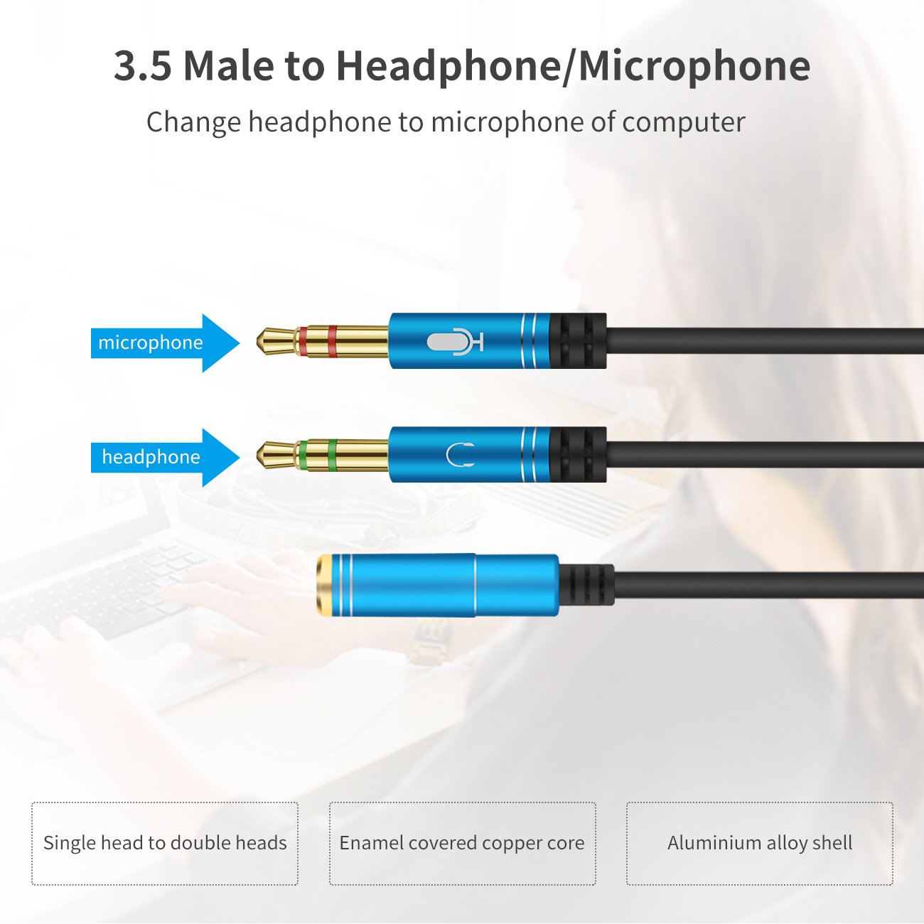 Headphone Y Cable Splitter Adapter for Computer 3.5mm Female to 2 Dual 3.5mm Male Gold-Plated Corrosion-Resistant Audio Mic Y Cable for Headset Connecting to PC，Audio Connector for PC (35CM, Silver)