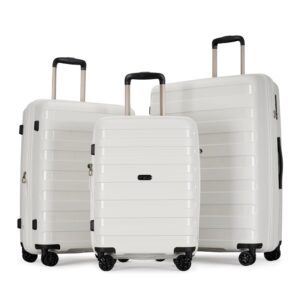 ginzatravel 3-piece set white color luggage with scratch-resistant pp material, expandable(（all 20 24 28), super light, thickened, large-capacity double seal suitcase