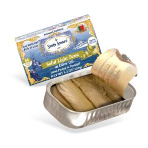 Santo Amaro - Artisanal Wild Tuna Fillets in Virgin Olive Oil, Hand-Packed Canned Tuna from Portugal, Atlantic Natural Tuna, Pole & Line Skipjack Tuna Canned, Low Mercury, 22g Protein Keto, Pack of 12