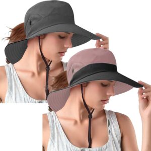 rosoz 2 pack ponytail sun bucket hats for women uv protection foldable mesh wide brim hiking beach fishing summer safari