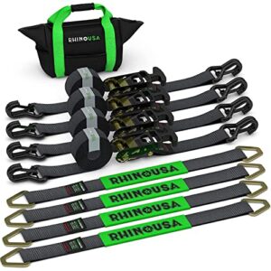 rhino usa car trailer ratchet straps kit - 11,128lb guaranteed break strength - use for car, truck, utv & more - (4) premium 2" x 8' ratchet straps with padded t-handles + (4) axle straps tie down