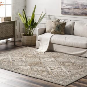 nuLOOM 8x10 Becca Traditional Tiled Area Rug, Taupe, Faded Transitional Design, Stain Resistant, For Bedroom, Dining Room, Living Room, Hallway, Office, Kitchen, Entryway