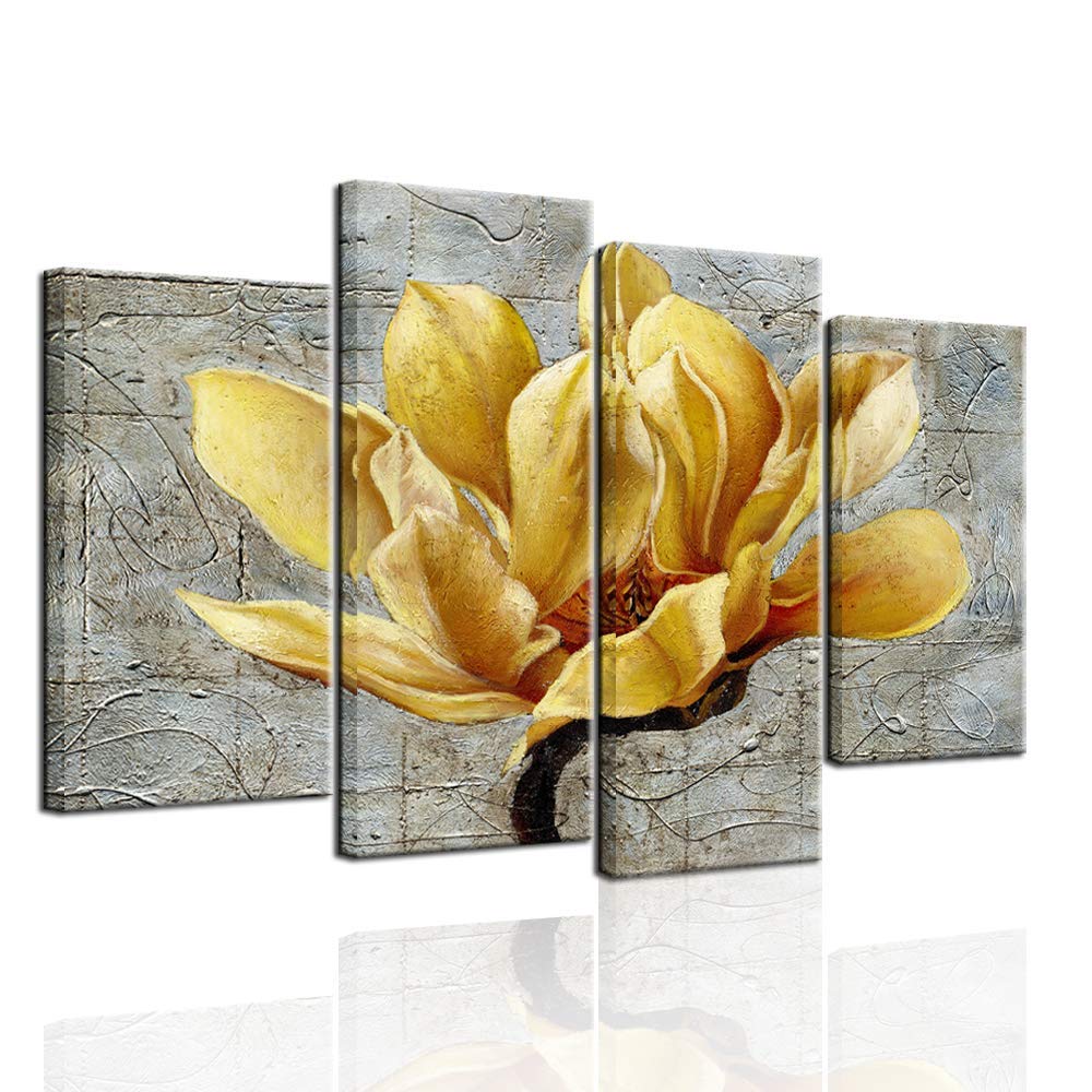 Biuteawal - 4 Panel Floral Wall Art Elegant Yellow Flower on Abstract Background Painting Canvas Print Still Life Artwork for Modern Home Kitchen Living Room Bedroom Wall Decoration Easy Hanging