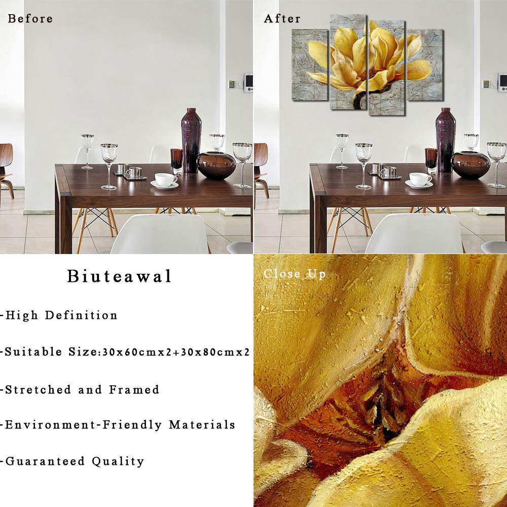 Biuteawal - 4 Panel Floral Wall Art Elegant Yellow Flower on Abstract Background Painting Canvas Print Still Life Artwork for Modern Home Kitchen Living Room Bedroom Wall Decoration Easy Hanging