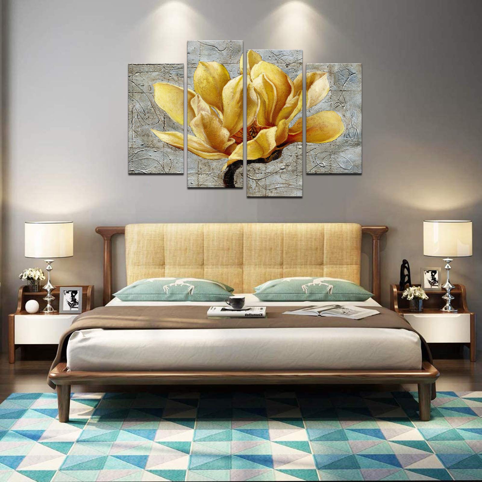 Biuteawal - 4 Panel Floral Wall Art Elegant Yellow Flower on Abstract Background Painting Canvas Print Still Life Artwork for Modern Home Kitchen Living Room Bedroom Wall Decoration Easy Hanging