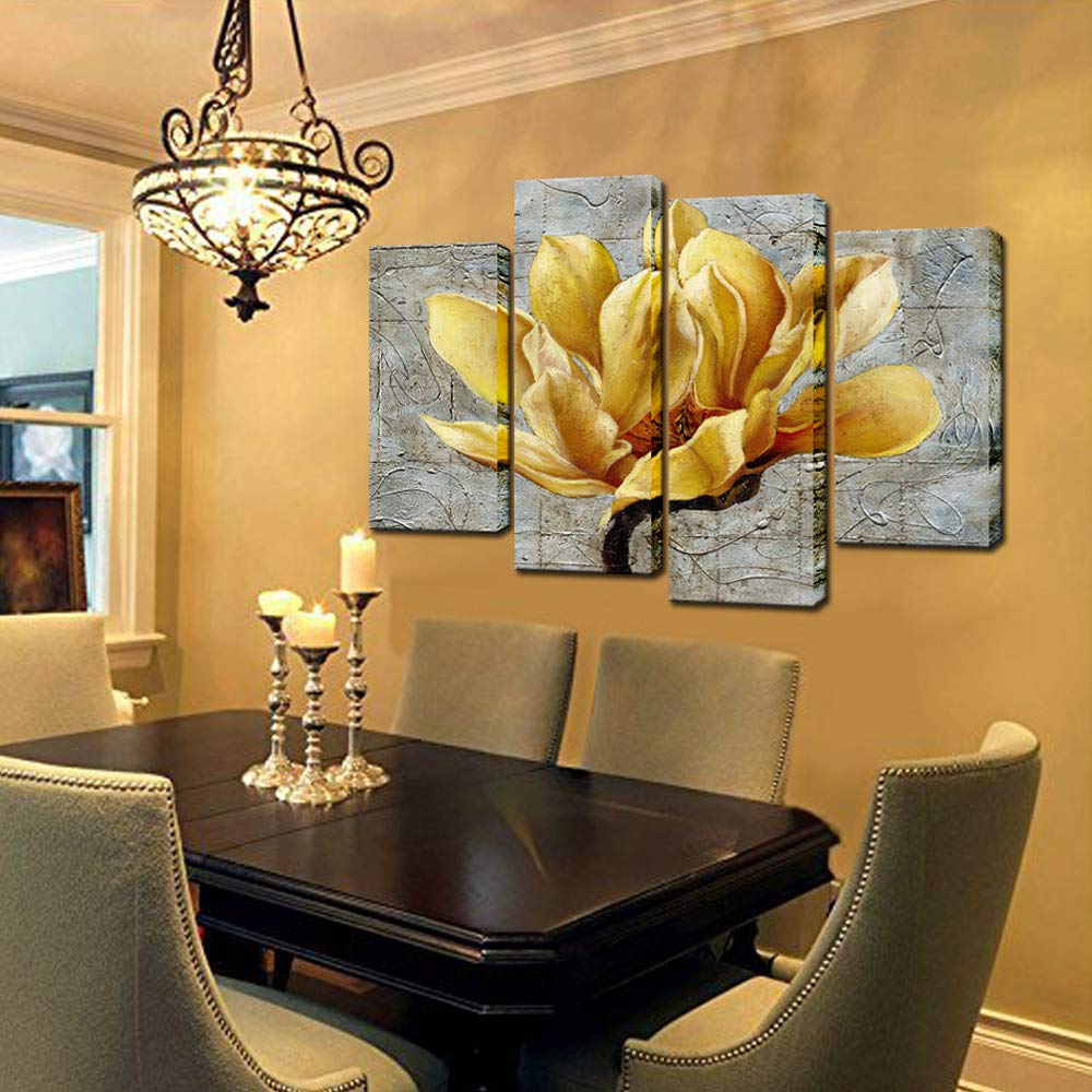 Biuteawal - 4 Panel Floral Wall Art Elegant Yellow Flower on Abstract Background Painting Canvas Print Still Life Artwork for Modern Home Kitchen Living Room Bedroom Wall Decoration Easy Hanging