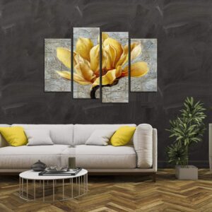 Biuteawal - 4 Panel Floral Wall Art Elegant Yellow Flower on Abstract Background Painting Canvas Print Still Life Artwork for Modern Home Kitchen Living Room Bedroom Wall Decoration Easy Hanging