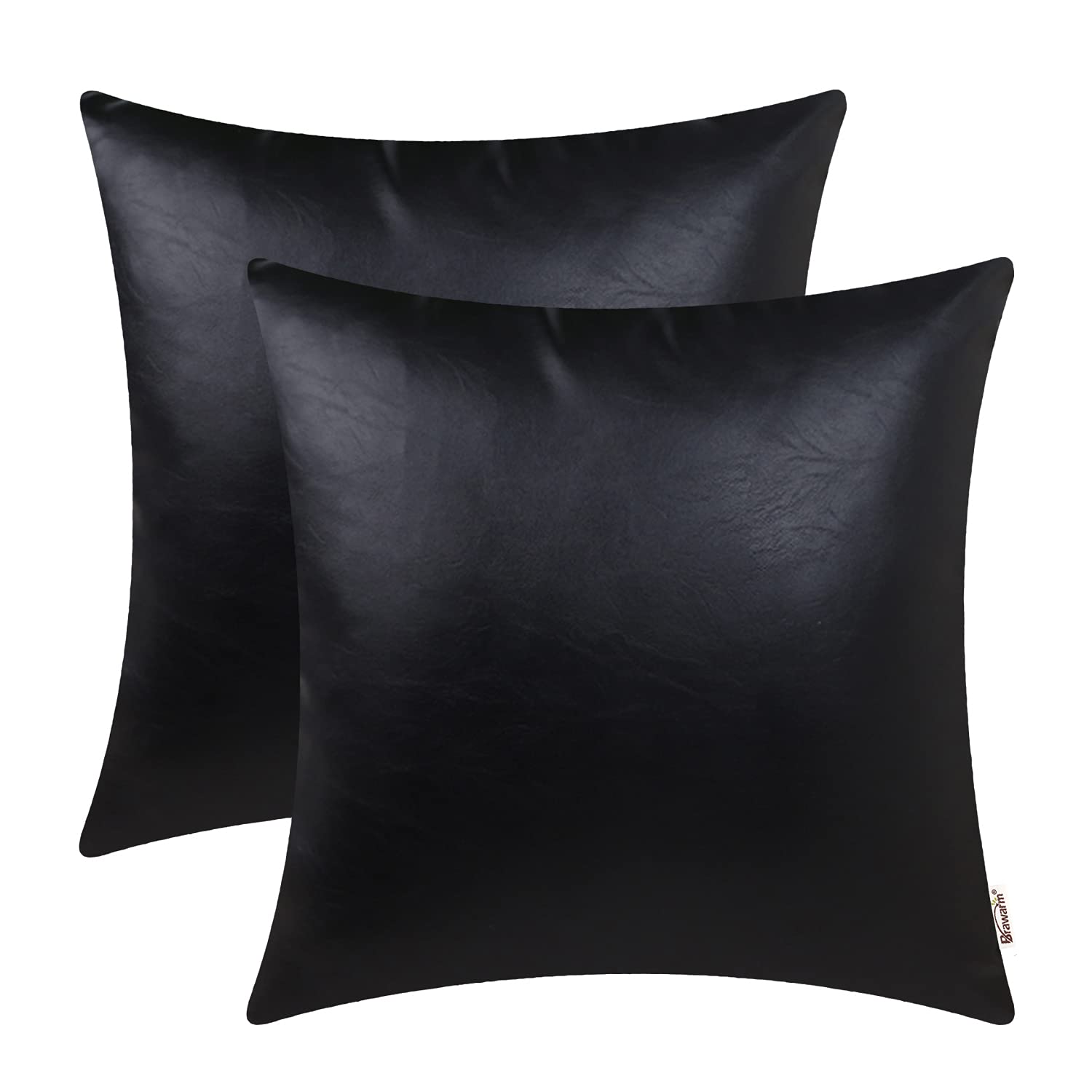 BRAWARM Faux Leather Throw Pillow Covers 18 X 18 Inches - Black Leather Pilow Covers Pack of 2, Solid Dyed Leather Pillowcases for Couch Bed Sofa Garden Home Decorative