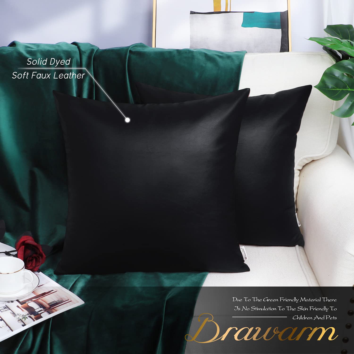 BRAWARM Faux Leather Throw Pillow Covers 18 X 18 Inches - Black Leather Pilow Covers Pack of 2, Solid Dyed Leather Pillowcases for Couch Bed Sofa Garden Home Decorative