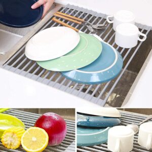 Ohuhu Roll Up Dish Drying Rack, Over The Sink Multipurpose Roll-Up Dish Racks, 17" L x 13" W Rolling Heat-Resistant Anti-Slip Silicone Coated Dish Drainer Portable Foldable for Kitchen Counter