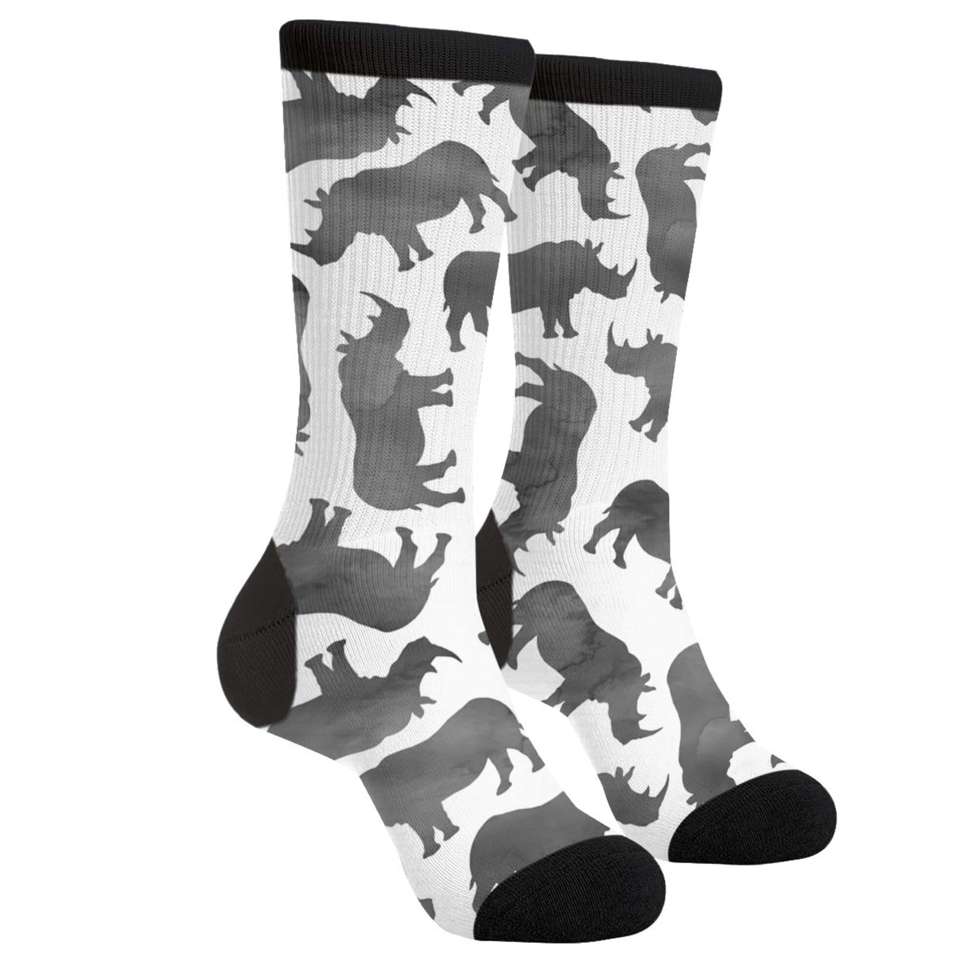 Unisex Fun Novelty Crazy Crew Socks Tiny Watercolor Rhinos Monochrome Dress Socks