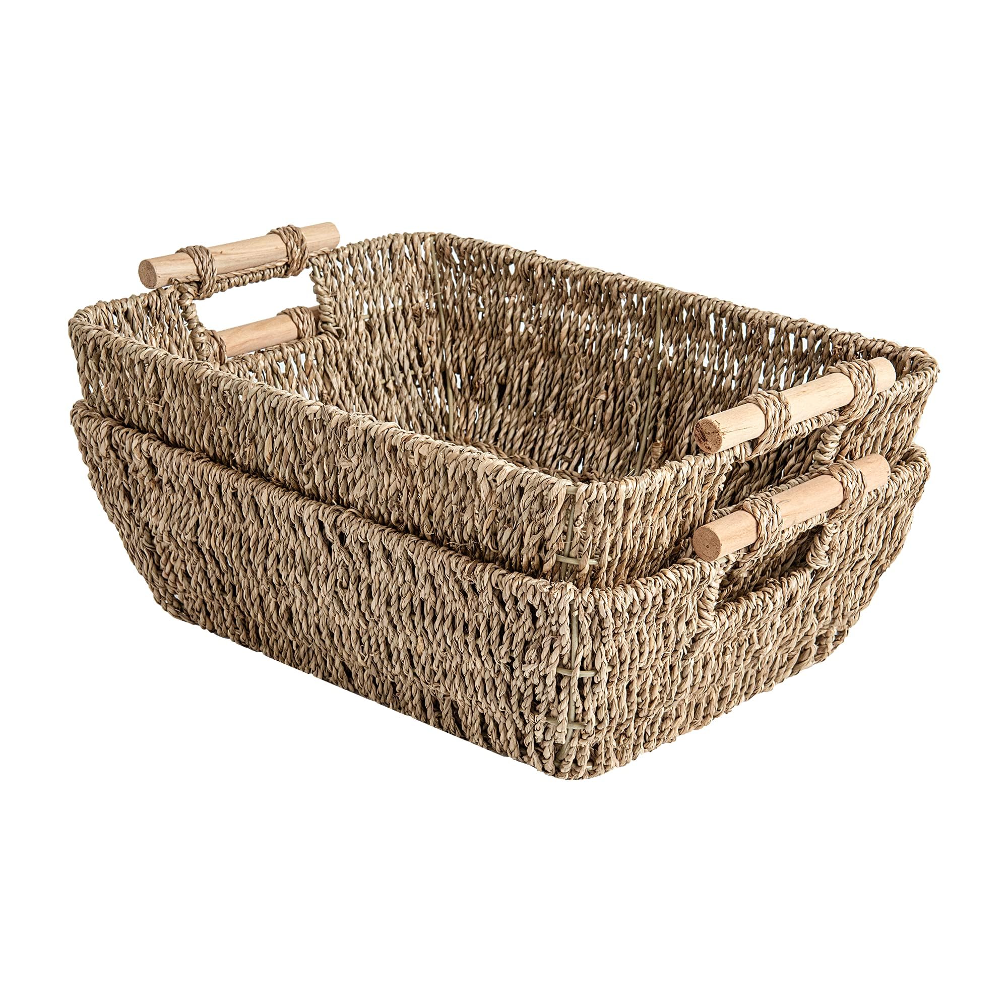 StorageWorks Hand-Woven Large Storage Baskets with Wooden Handles, Seagrass Wicker Baskets for Organizing, 2-Pack