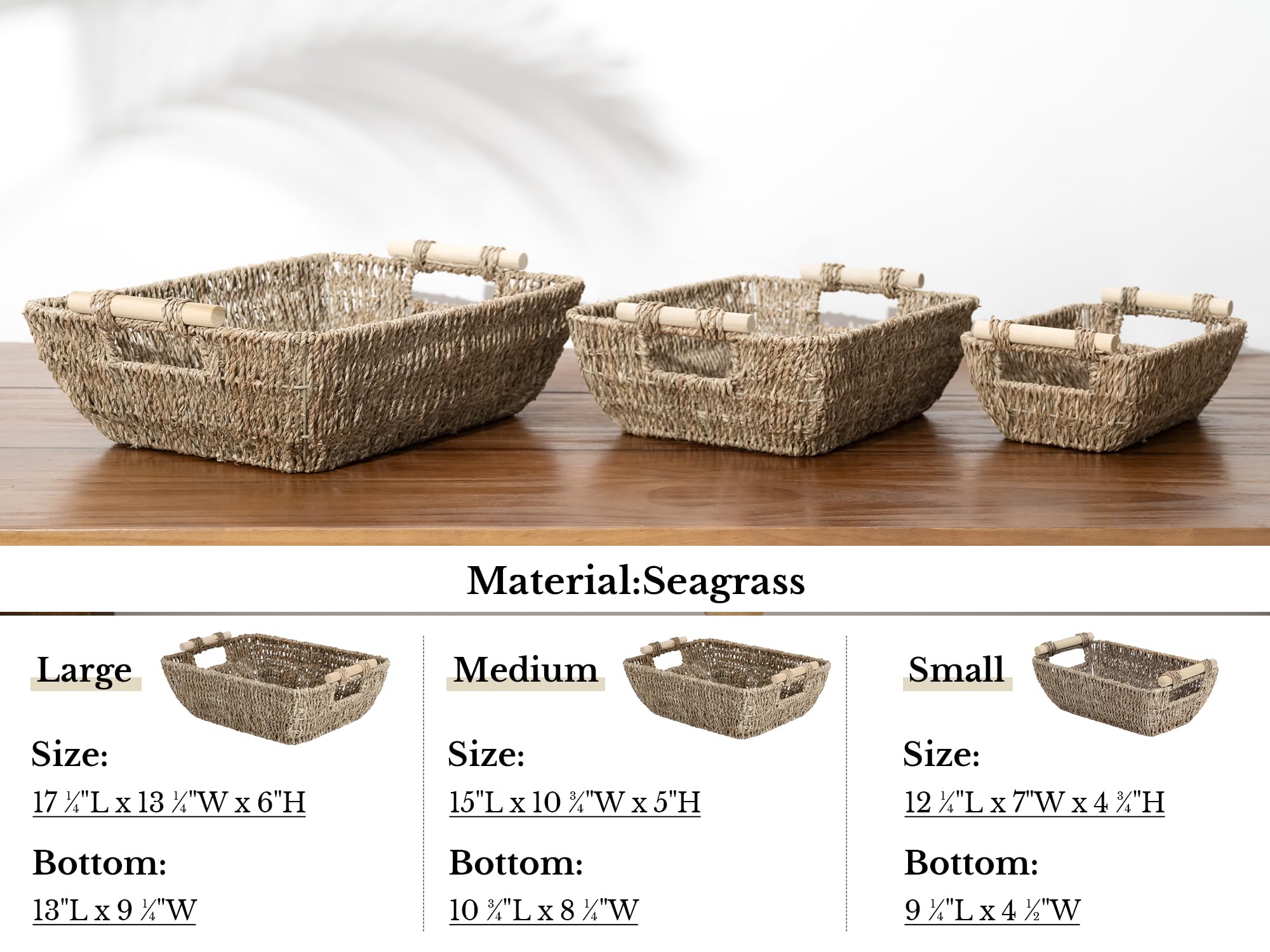 StorageWorks Hand-Woven Large Storage Baskets with Wooden Handles, Seagrass Wicker Baskets for Organizing, 2-Pack