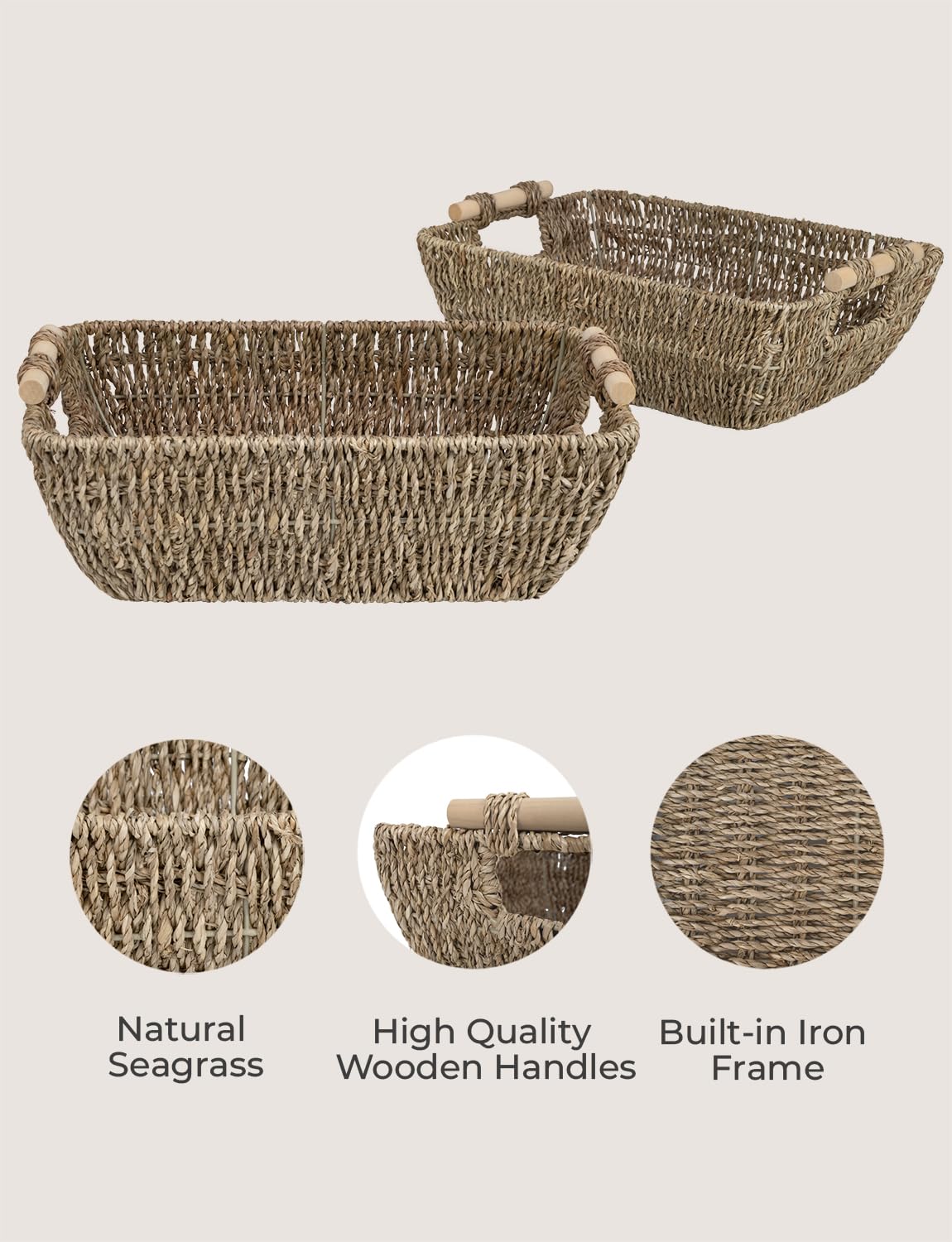 StorageWorks Hand-Woven Large Storage Baskets with Wooden Handles, Seagrass Wicker Baskets for Organizing, 2-Pack