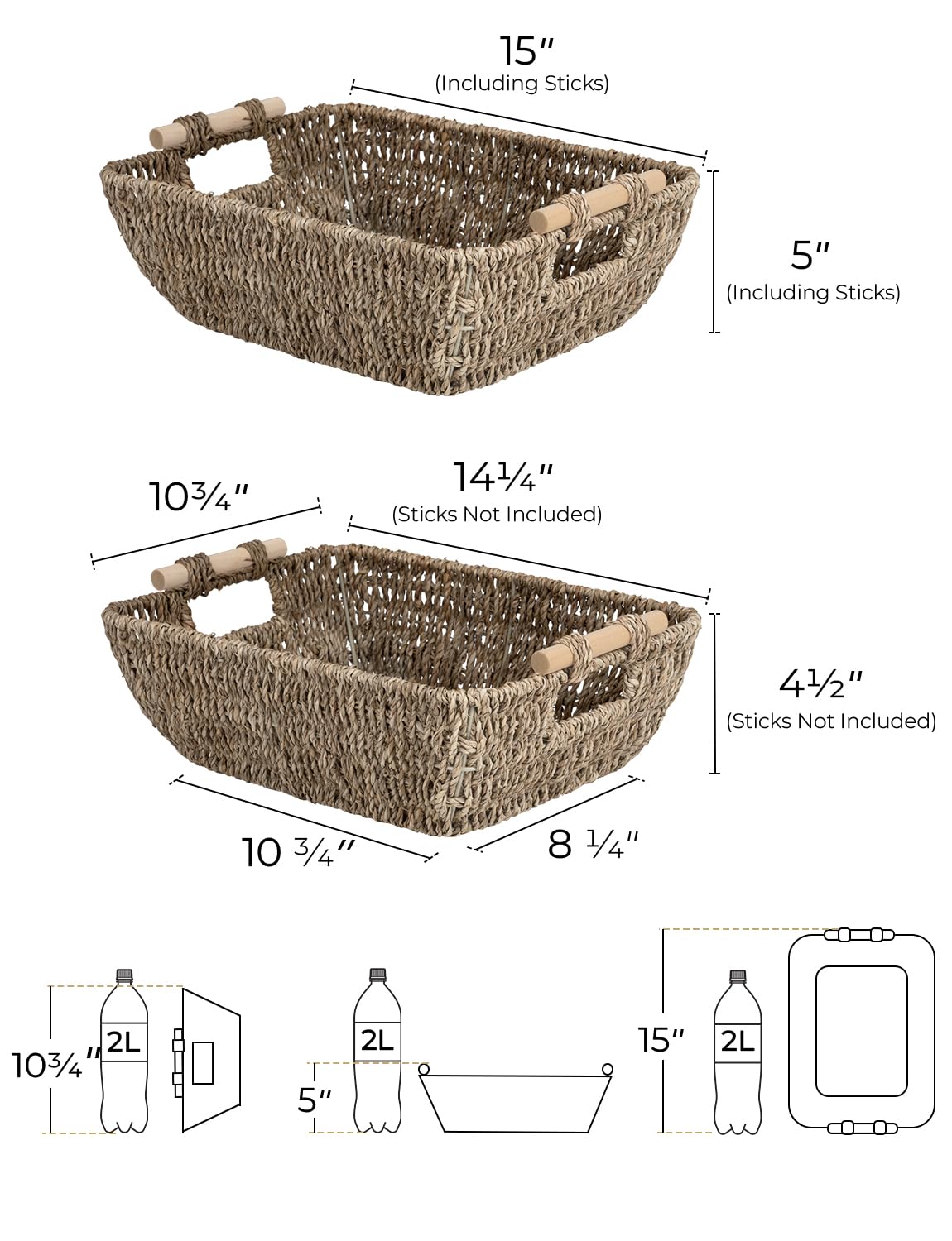 StorageWorks Hand-Woven Large Storage Baskets with Wooden Handles, Seagrass Wicker Baskets for Organizing, 2-Pack