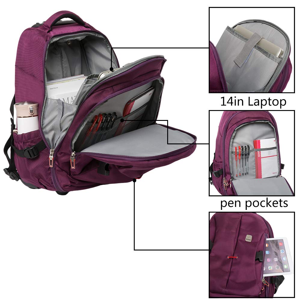 SKYMOVE 19 inches Wheeled Rolling Backpack for Business Men Women Adults College Computer Laptop Books Travel Carry-on Bag, Purple