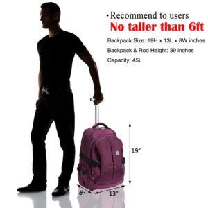 SKYMOVE 19 inches Wheeled Rolling Backpack for Business Men Women Adults College Computer Laptop Books Travel Carry-on Bag, Purple